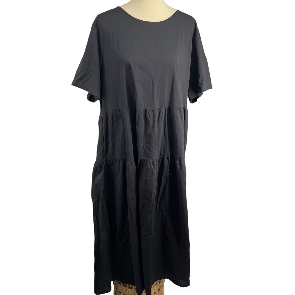 YESNO Black Crew Neck Short Sleeve Loose Tiered Pull Over Maxi Dress - Picture 2 of 10